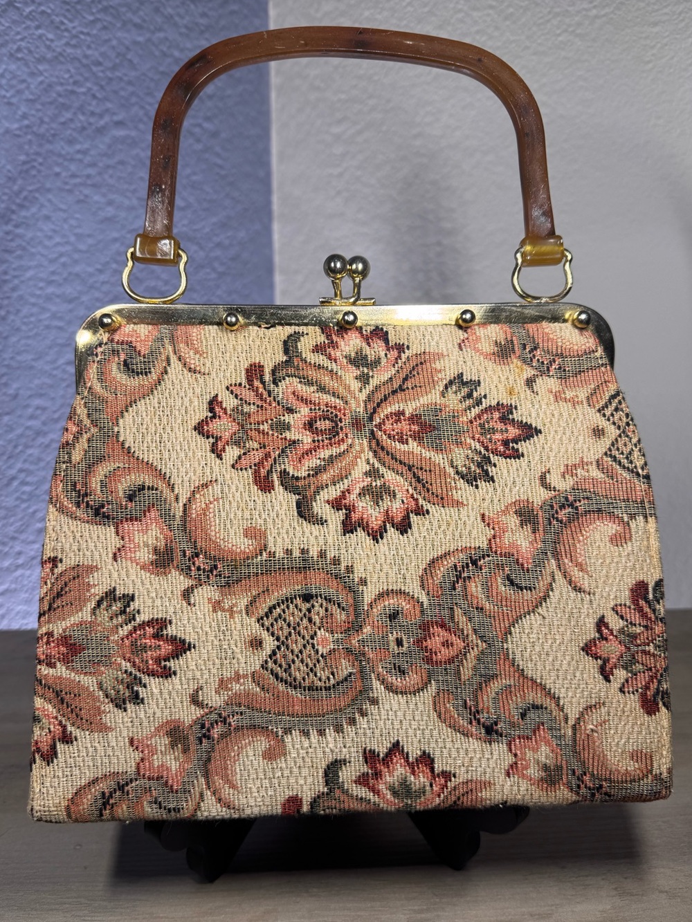 Vintage Stylemark by Mutterperl Tapestry Handbag Lucite Handle Made USA